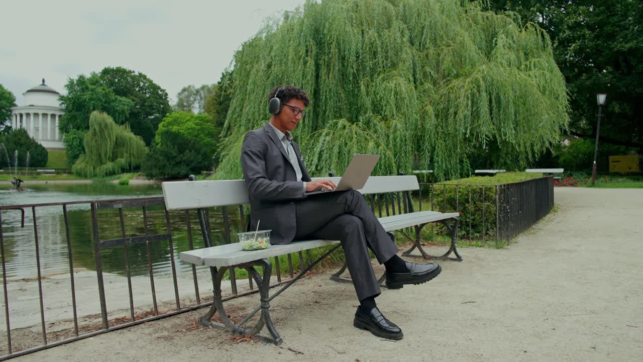 Uomo che lavora al portatile nel parco