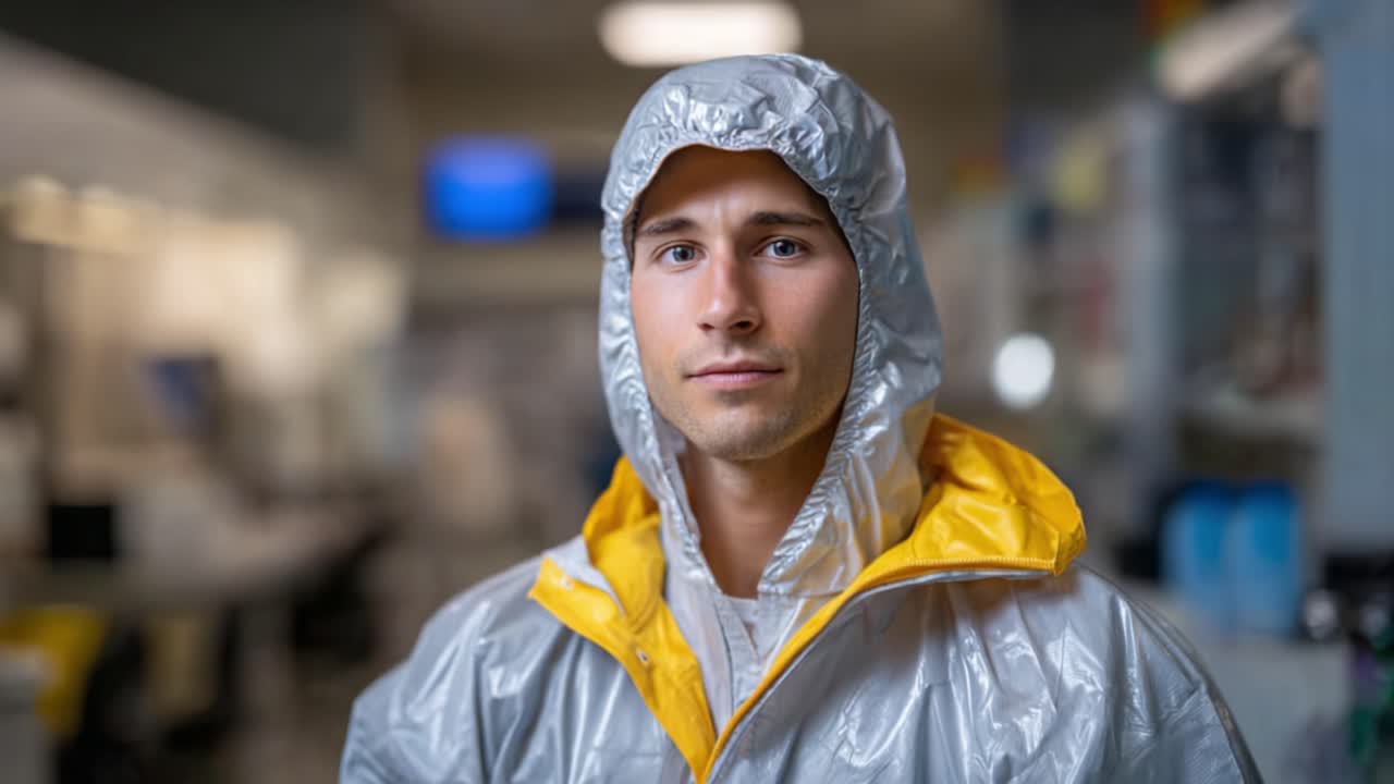 A person wearing a protective silver suit with a yellow collar stands confidently, showcasing readiness for a sterile environment in this professional setting