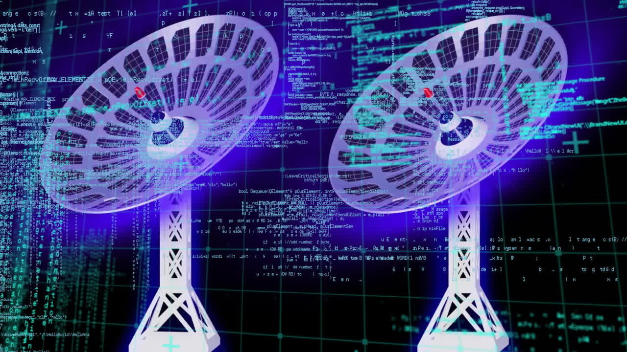 파란색 배경에 디지털 데이터 처리 애니메이션을 가진 위성 접시