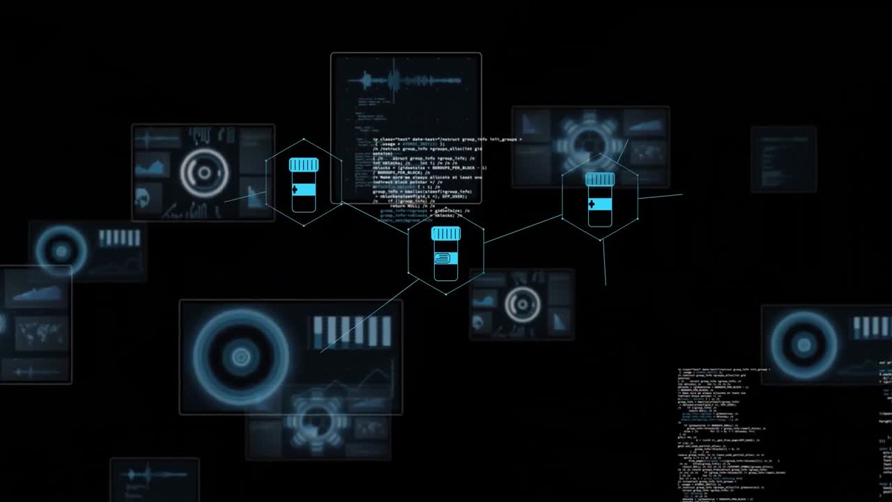 Animation of medical icons and data processing on black background