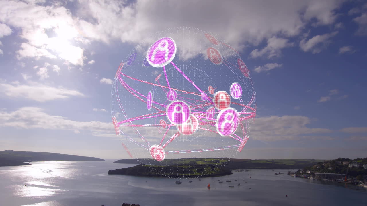Animation of digital network sphere with interconnected nodes over coastal landscape