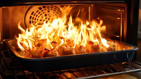 a pan of food is being cooked in an oven with flames