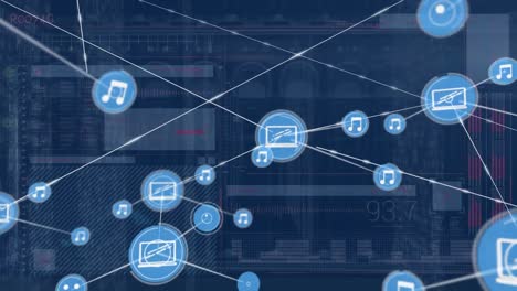 animación de una red de iconos digitales y procesamiento de datos frente a un servidor de computadora