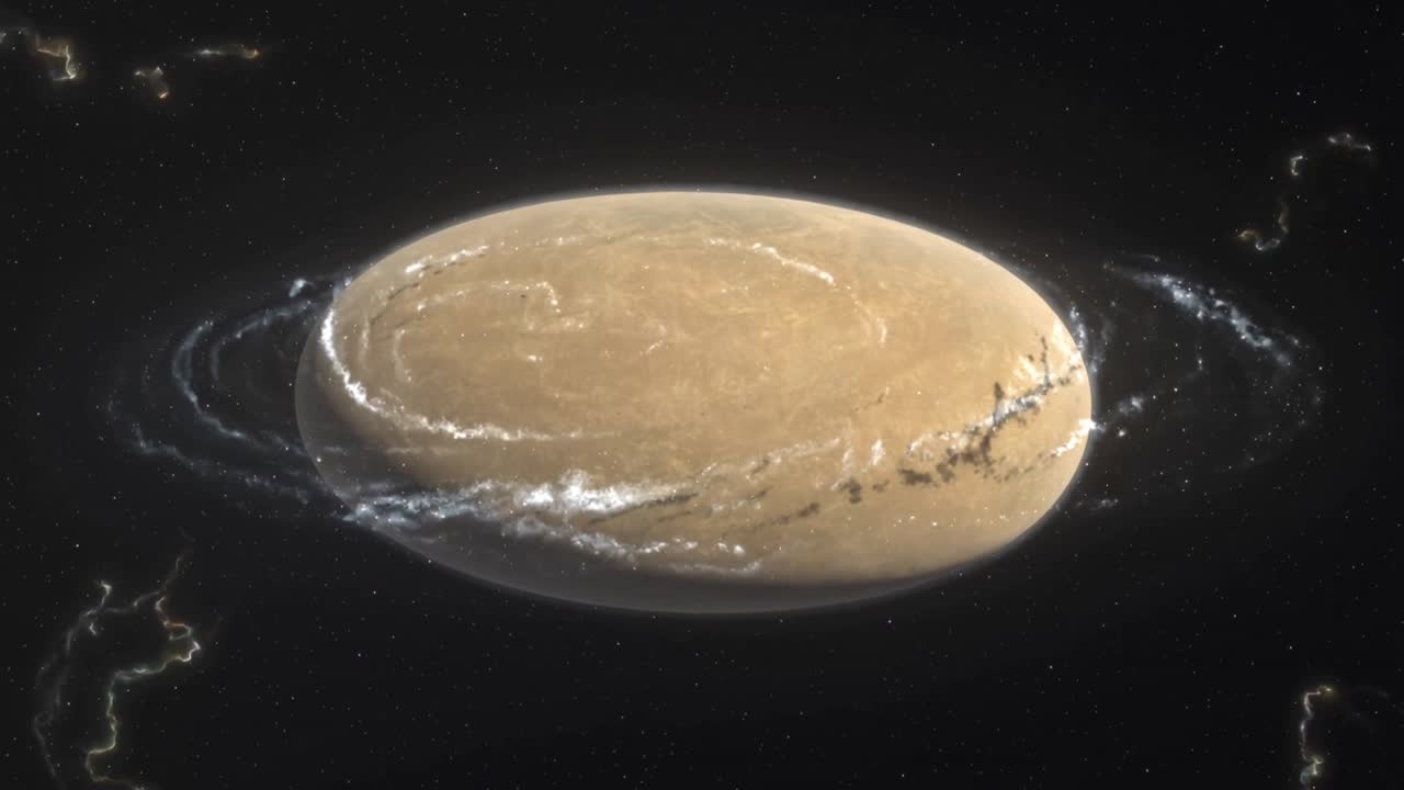 Rotating oblate disc shifting spirals in space, sequence start, ring diffusing showing slow motion