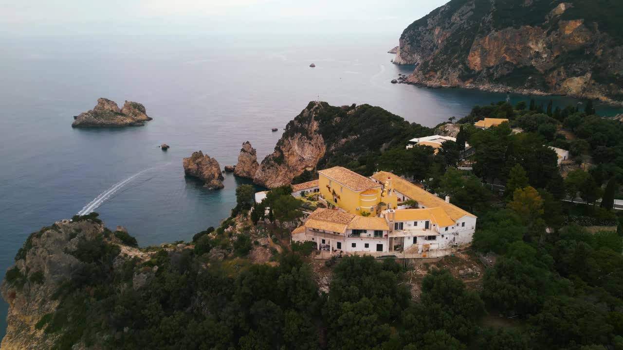 Monastery of Paleokastritsa on a clif Corfu Panorama from a drone