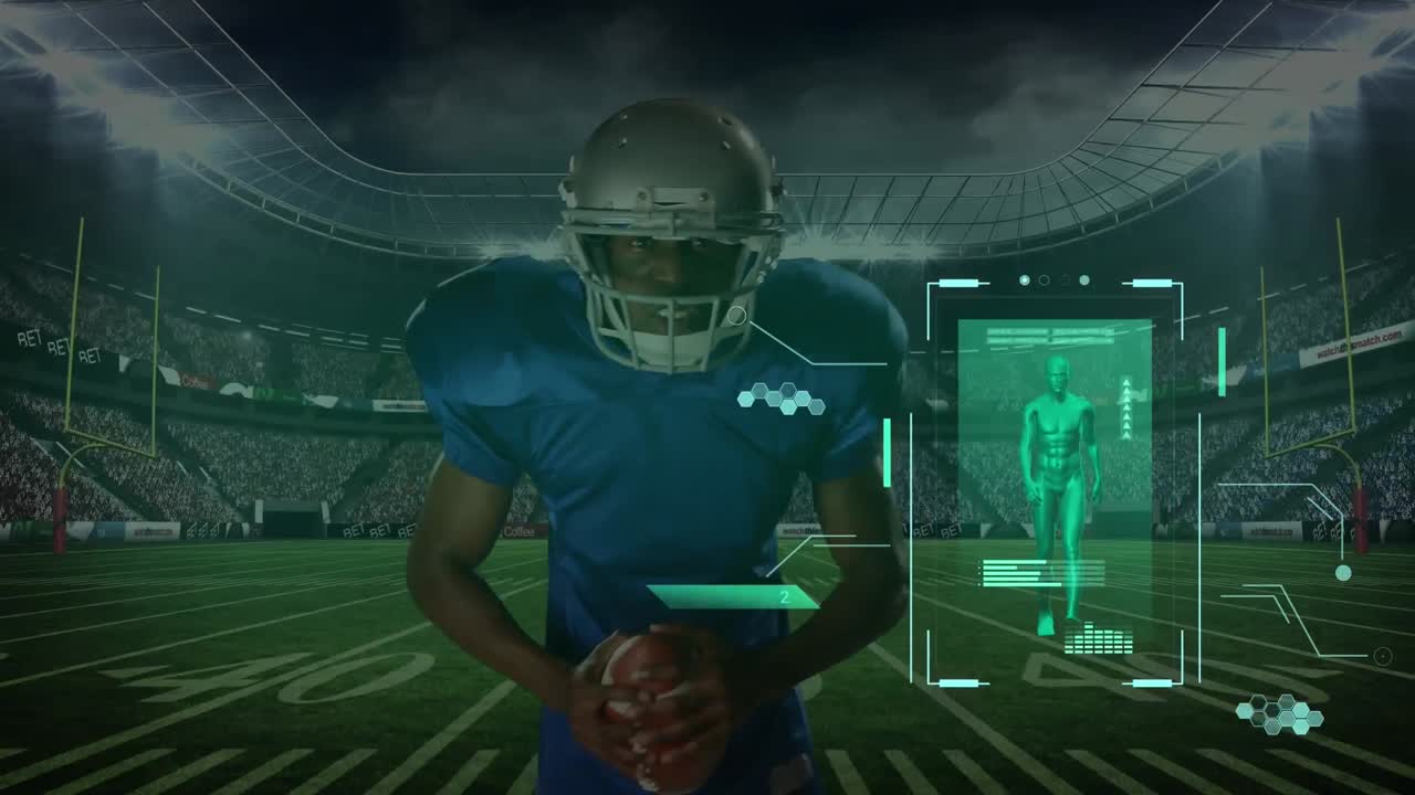 Animazione di elaborazione dati su giocatore di football americano maschio afroamericano in uno stadio sportivo