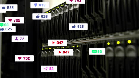 animation of multiple social media icons against close up of a computer server