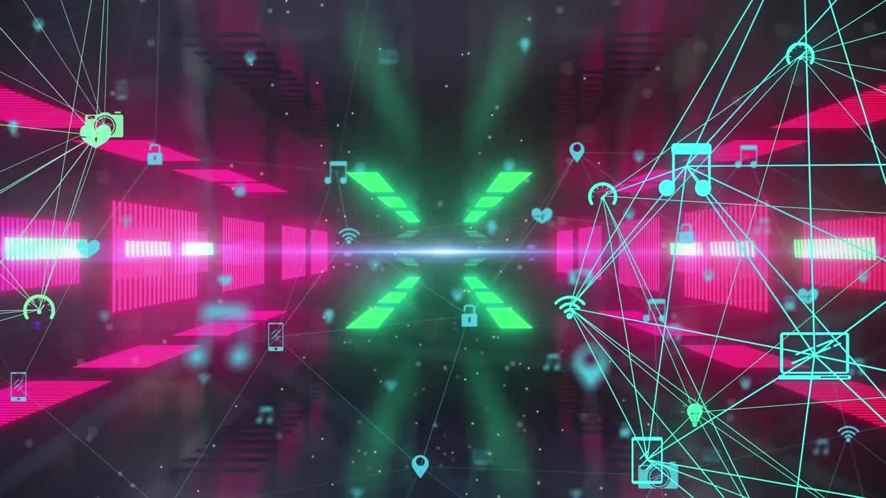 다양한 네온 조명과 아이콘과의 연결 네트워크의 애니메이션