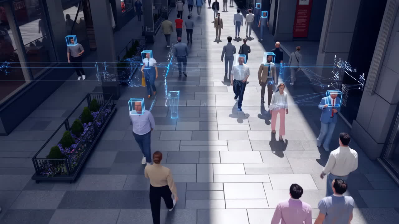 Pedestrians in a city with face recognition technology
