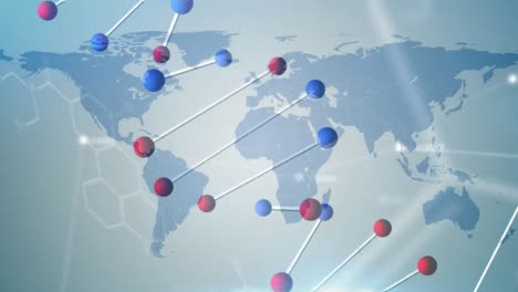 Animación-Del-Hilado-De-Cadenas-De-ADN-En-3D-Y-Procesamiento-De-Datos-En-El-Mapa-Mundial.