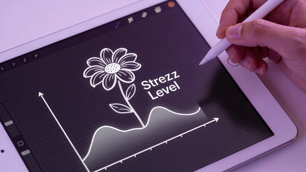 Approaching right hand with stylus tracing Stress Level graph peak on tablet, refining flower bloom