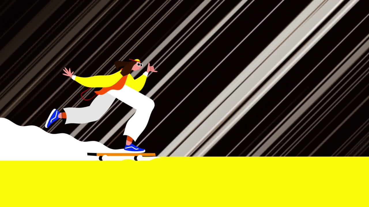 Animation of a person riding on a skateboard with white light trails moving in fast motion