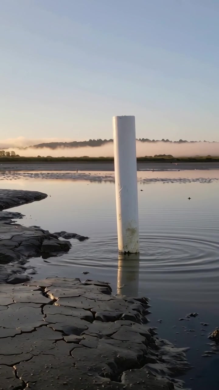 Vertikal video: Hvid pæl står på mudderflade ved daggry, sender ringe fra bunden med refleksion.