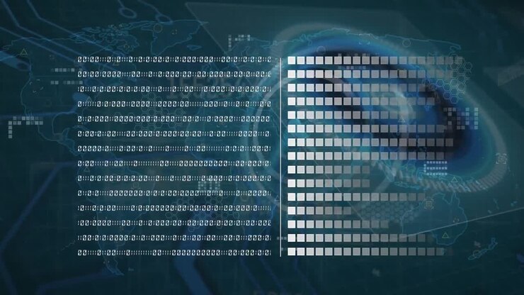 Animation of data processing and binary coding over clock