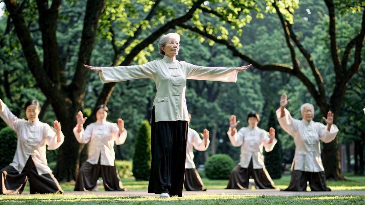 Mujeres asiáticas mayores practicando Tai Chi en un parque