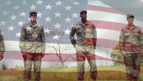 animation of flag of usa over diverse soldiers