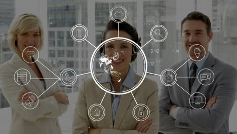 business icons and data processing animation over diverse business people in office