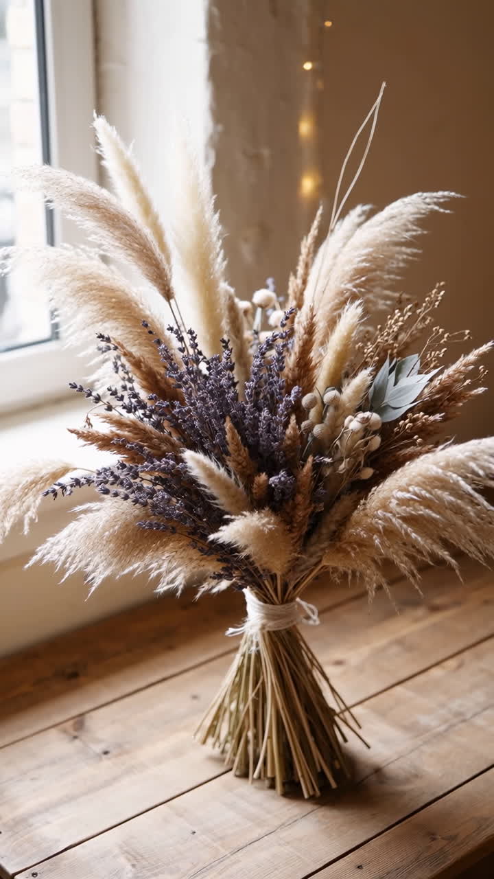 Bouquet rustico di fiori secchi con erba della Pampa e lavanda