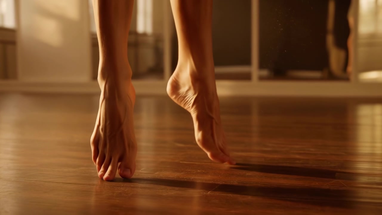 Una vista ravvicinata segue i piedi che si muovono su una superficie di legno liscia mentre un piede si solleva e avanza, con illuminazione dorata, riflessi sul pavimento, ombre tenui e un interno calmo che mostra equilibrio.