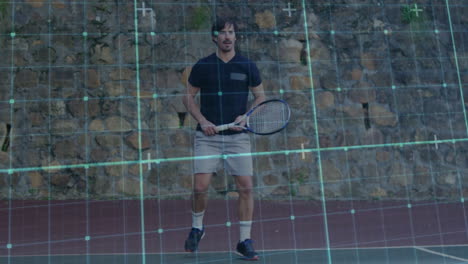 man swinging tennis racket on outdoor court, showcasing sports technology grid overlay animation