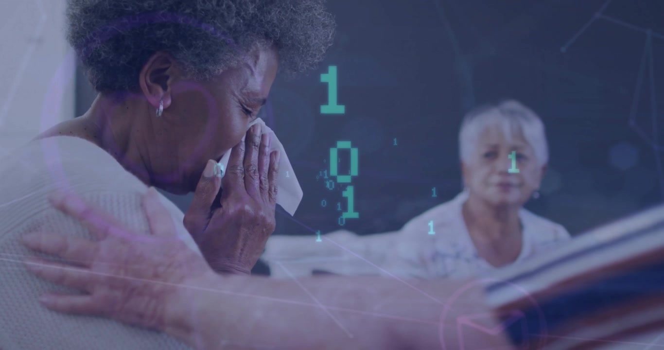 Elderly Woman Crying and Blowing Nose with Digital Overlay
