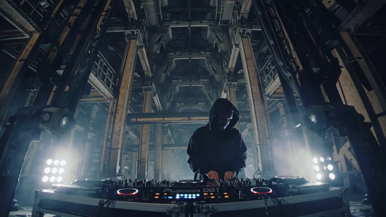 A DJ in a hoodie performs in an industrial setting, captured from a low-angle