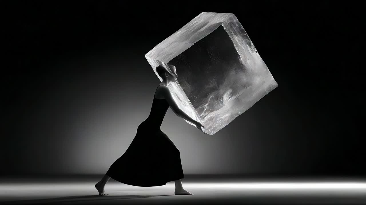 A Powerful Performance: A Dancer Struggles with a Massive Ice Cube, Symbolizing Strength and Resilience in the Face of Duress and Emotional Weight in an Artistic Showcase