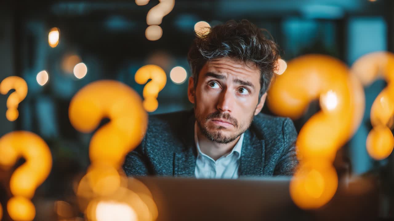 A Pensive Individual Contemplates Life's Questions Amidst Glowing Symbols of Inquiry, Reflecting the Search for Clarity and Understanding in a Complex World