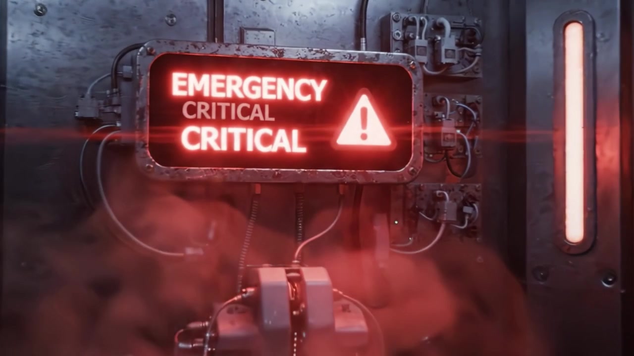 Emergency Alert: Critical Situation Signage Illuminating a Futuristic Control Room with Advanced Technology Indicating Immediate Attention Required