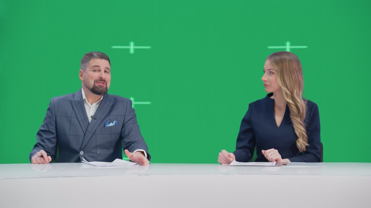 Newsroom TV Studio Live News Program: Caucasian Male Presenter Reporting, Green Screen Chroma Key Screen Picture. Television Cable Channel Anchor Talks, Listens. Network Broadcast Mock-up Playback