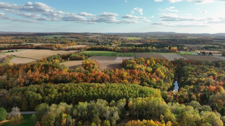 Afternoon autumn fall aerial view of Trumansburg NY USA. Located in the Finger Lakes Region near Ithaca, New York.