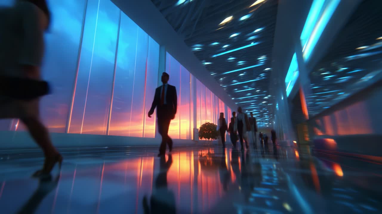 A bustling airport terminal at dusk, featuring travelers in motion with silhouetted figures walking through a brightly lit corridor that reflects stunning sunset colors across polished floors