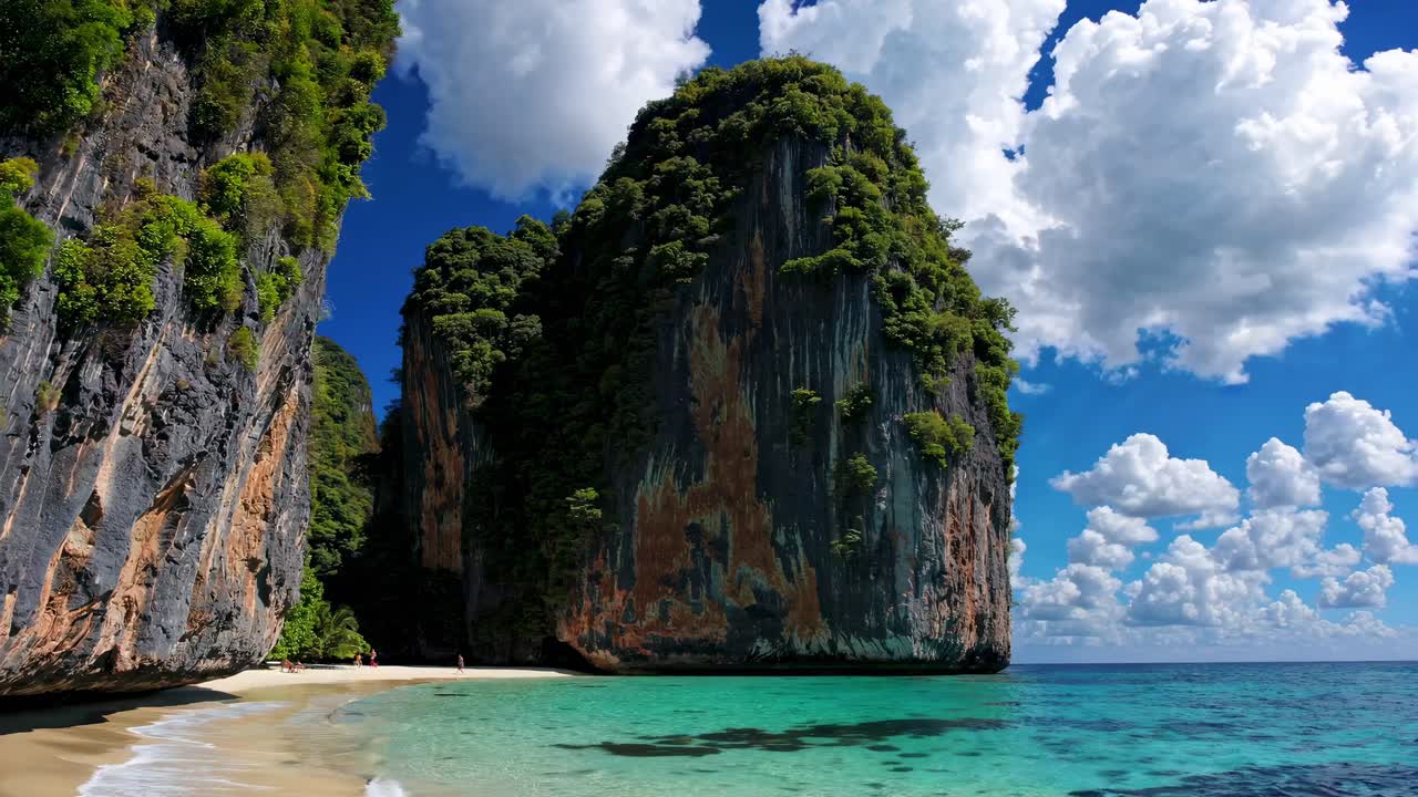 Video aereo che riprende una spiaggia tropicale con scogliere imponenti e vegetazione lussureggiante sotto un cielo azzurro brillante.