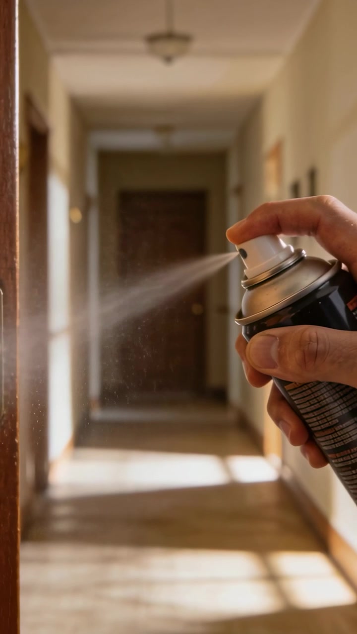 Mano destra che preme ripetutamente l'ugello di un aerosol, spruzzando un getto di nebbia lungo il corridoio per la pulizia della casa.