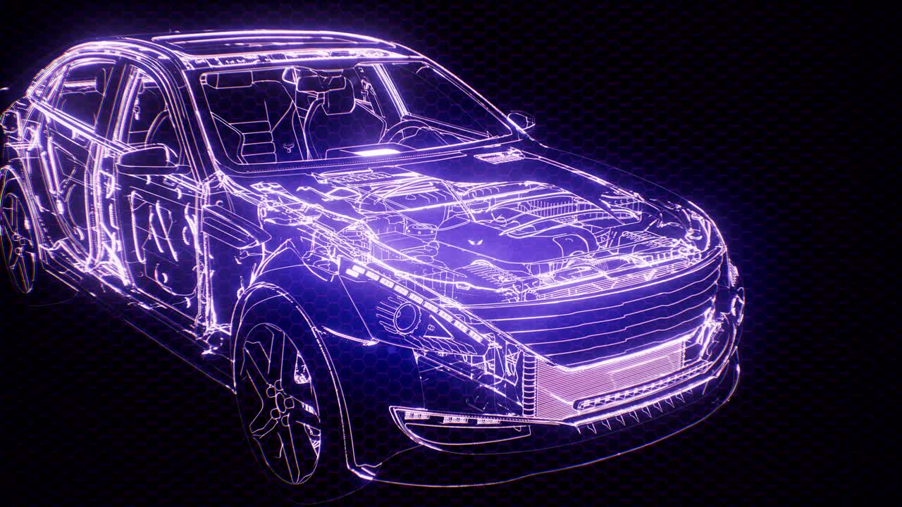 Animazione olografica di modello auto wireframe 3D con motore