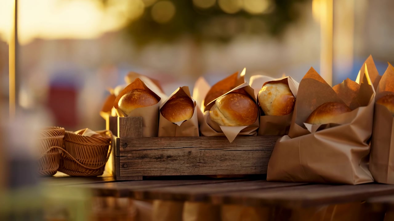 Stacked and displayed fortune cookies in a retail display case or shelf, close-up, slightly elevated, with brown and beige tones and paper materials, creating a warm and inviting commercial.
