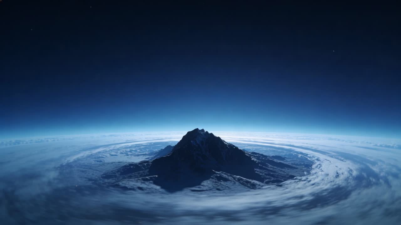 Vertical video: Pulling back camera revealing mountain peak above cloud ring, showing horizon glow