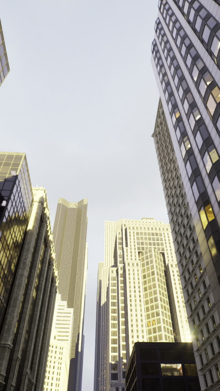 Urban landscape with modern skyscrapers reflecting sunlight in the city