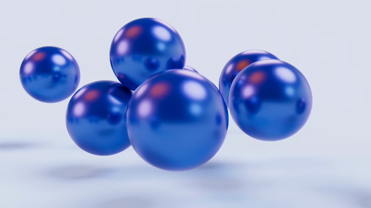 Floating Glossy Blue Spheres In Studio Space, Reflective Orbs Hover Above White Surface With Soft Pink