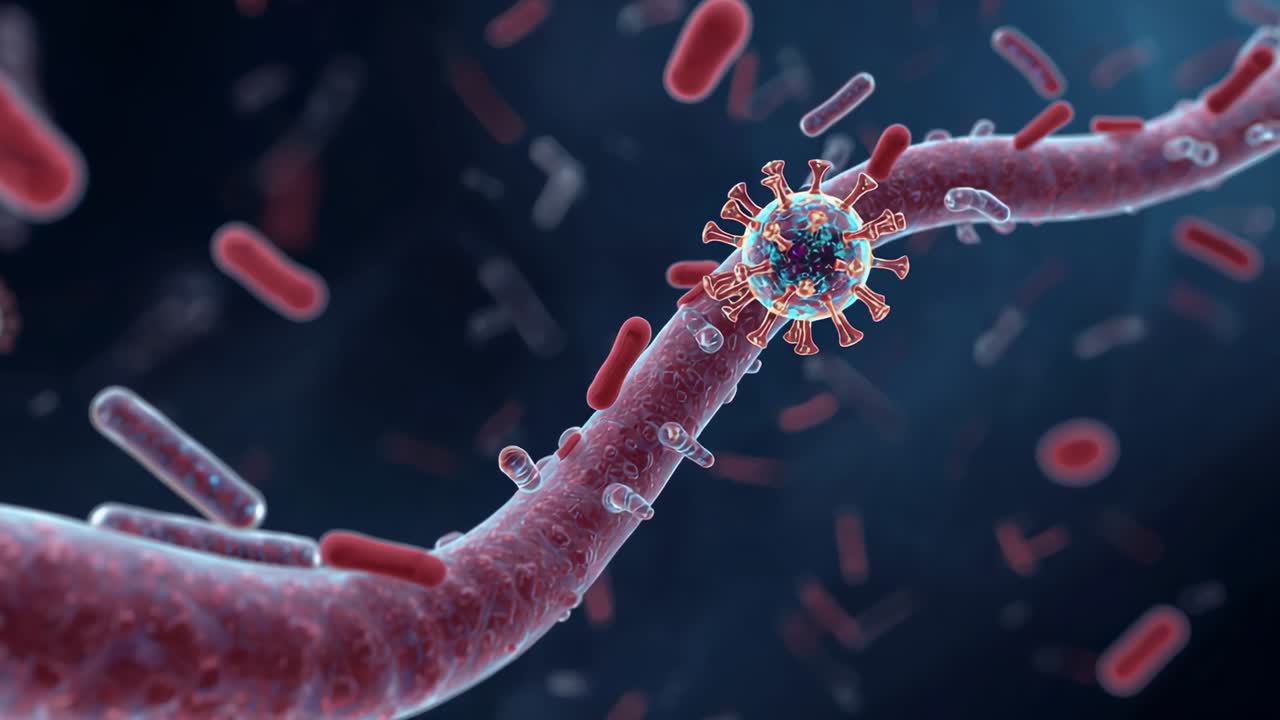 Spiky virus drifting in fluid rotating and binding receptors at membrane, with bacteria and debris