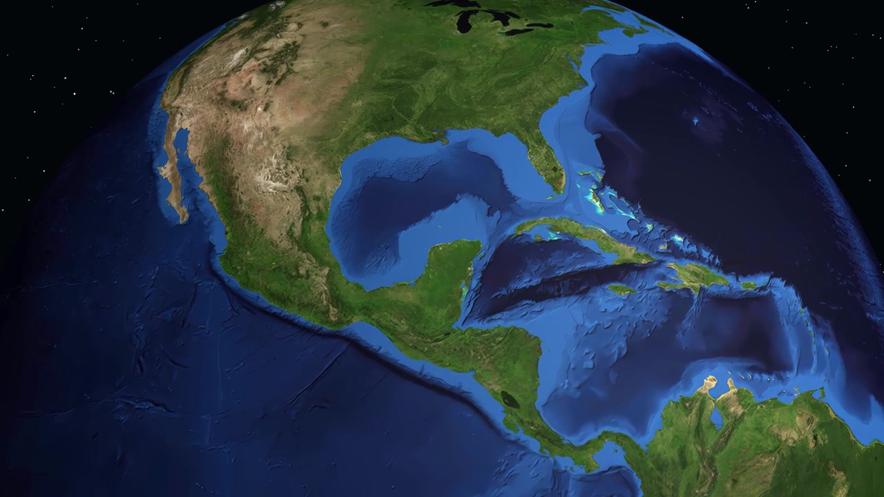 Uma animação digital se aproxima do espaço profundo até a Terra, localizando Mérida, México, com texto.