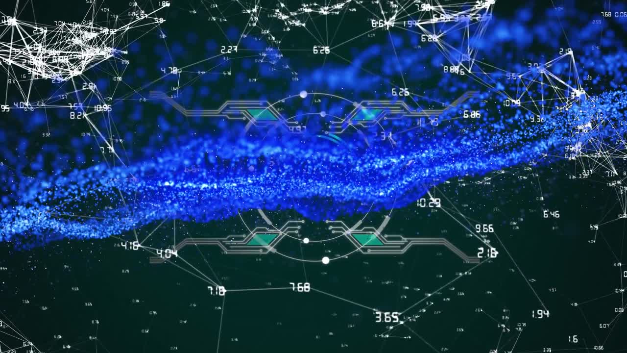 숫자와 컴퓨터 회로판으로 연결된 네트워크의 애니메이션