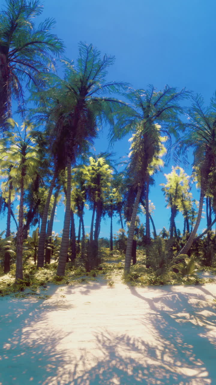 Sunny beach with palm trees and clear blue sky on a tropical coast