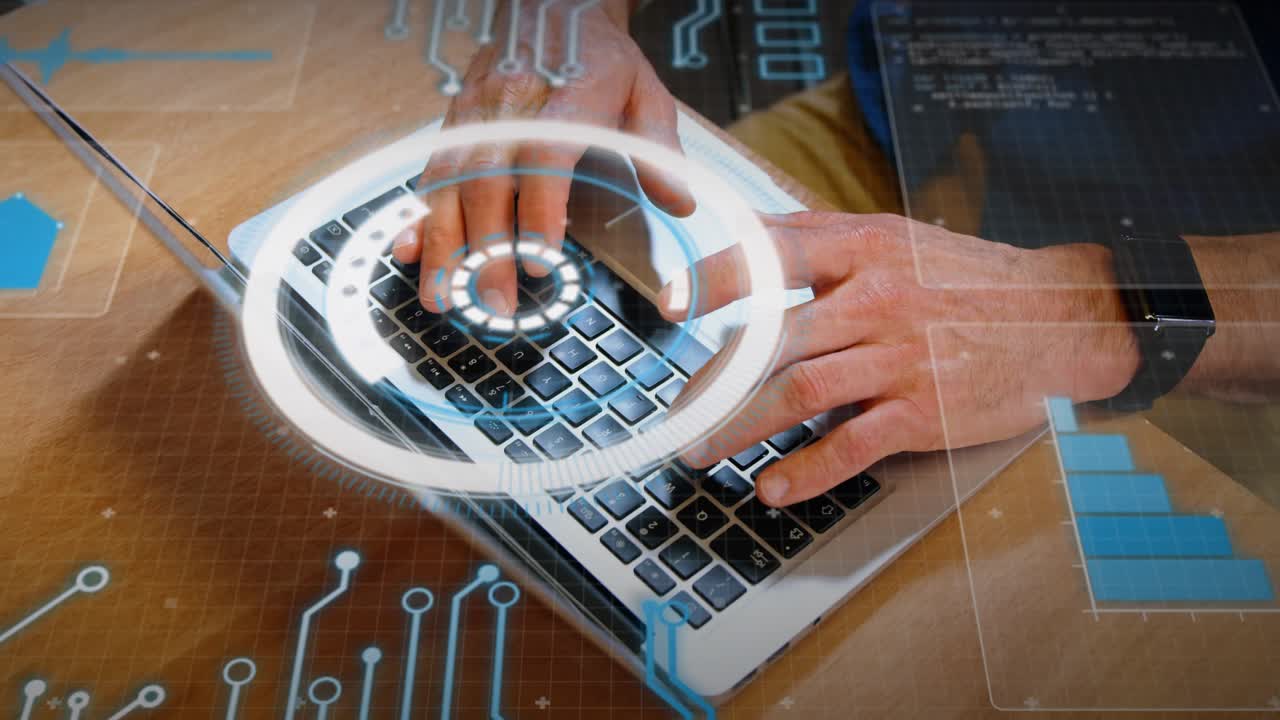 Circular HUD appearing, hands hovering and typing on laptop, updating code and charts