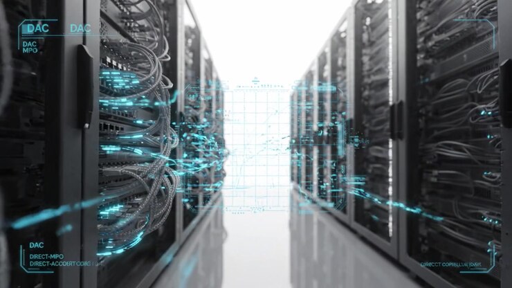 High-Tech Data Center with Advanced Servers and Digital Interfaces Showcasing Modern Computing and Data Processing Capabilities in a Futuristic Environment