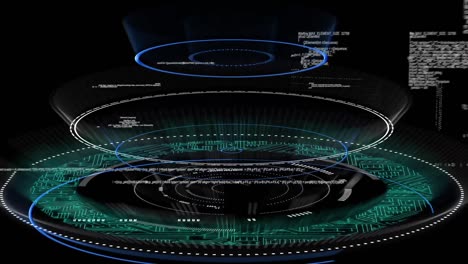 Animación-De-Cerradura-De-Seguridad-Circular,-Con-Placa-De-Circuito-Y-Procesamiento-De-Datos,-En-Negro