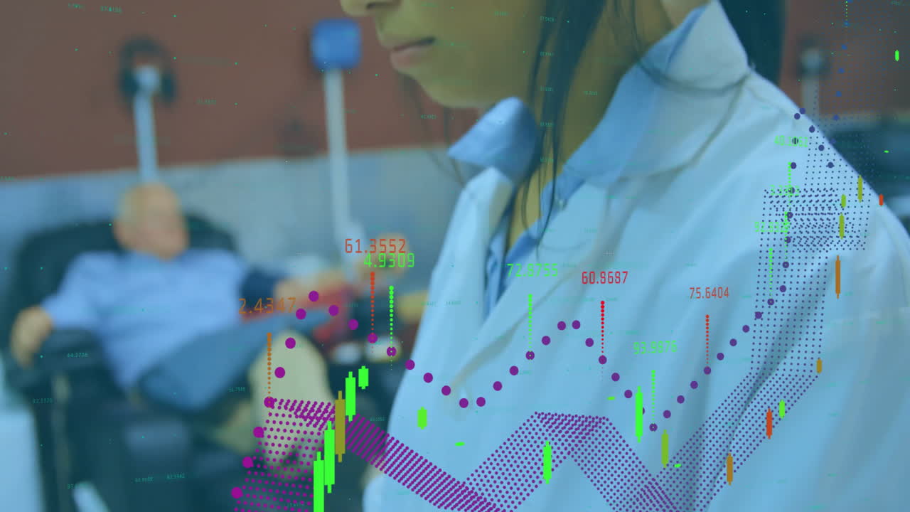 In hospital, healthcare professional processing data animation for patient receiving treatment