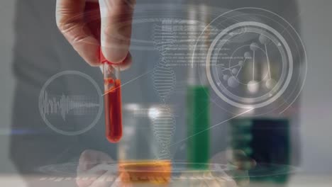 Animation-of-dna-strand-and-data-processing-over-hand-holding-test-tube