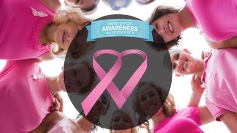 animation of pink ribbon logo with breast cancer text over diverse group of smiling women