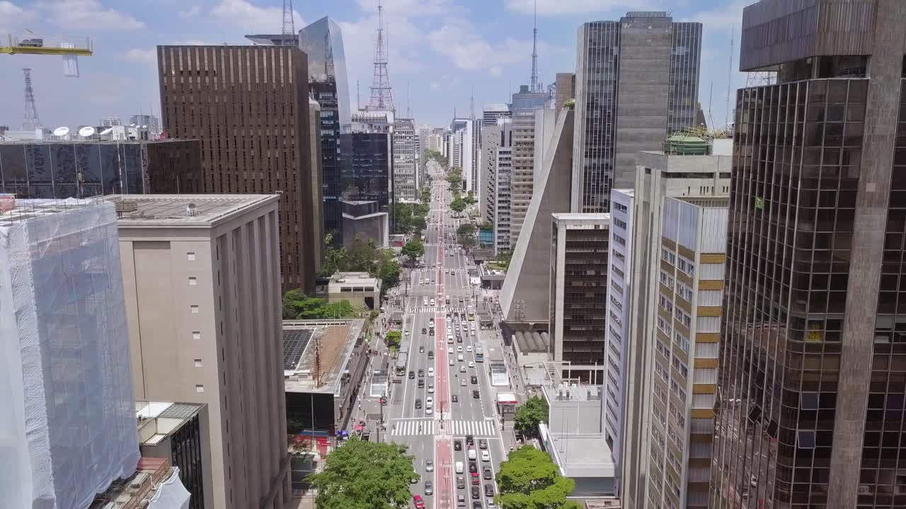 Avenida Paulista in Sao Paulo's financial centre on a sunny busy day- a static aerial shot of Brazil's business hub